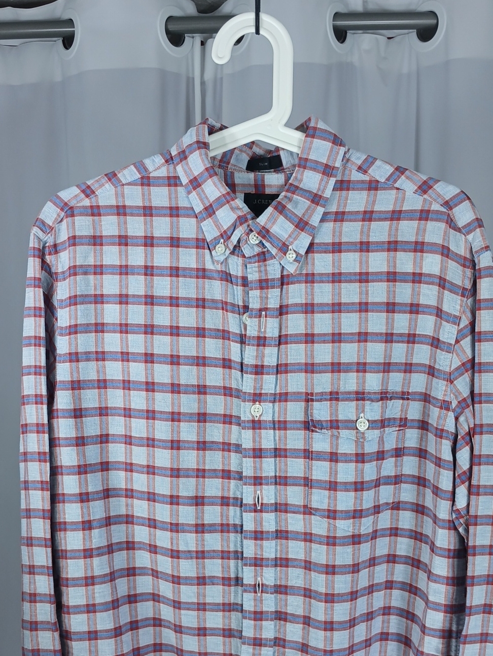 J. Crew Men’s Light Blue and Red Plaid Button-Down linen + cotton Shirt